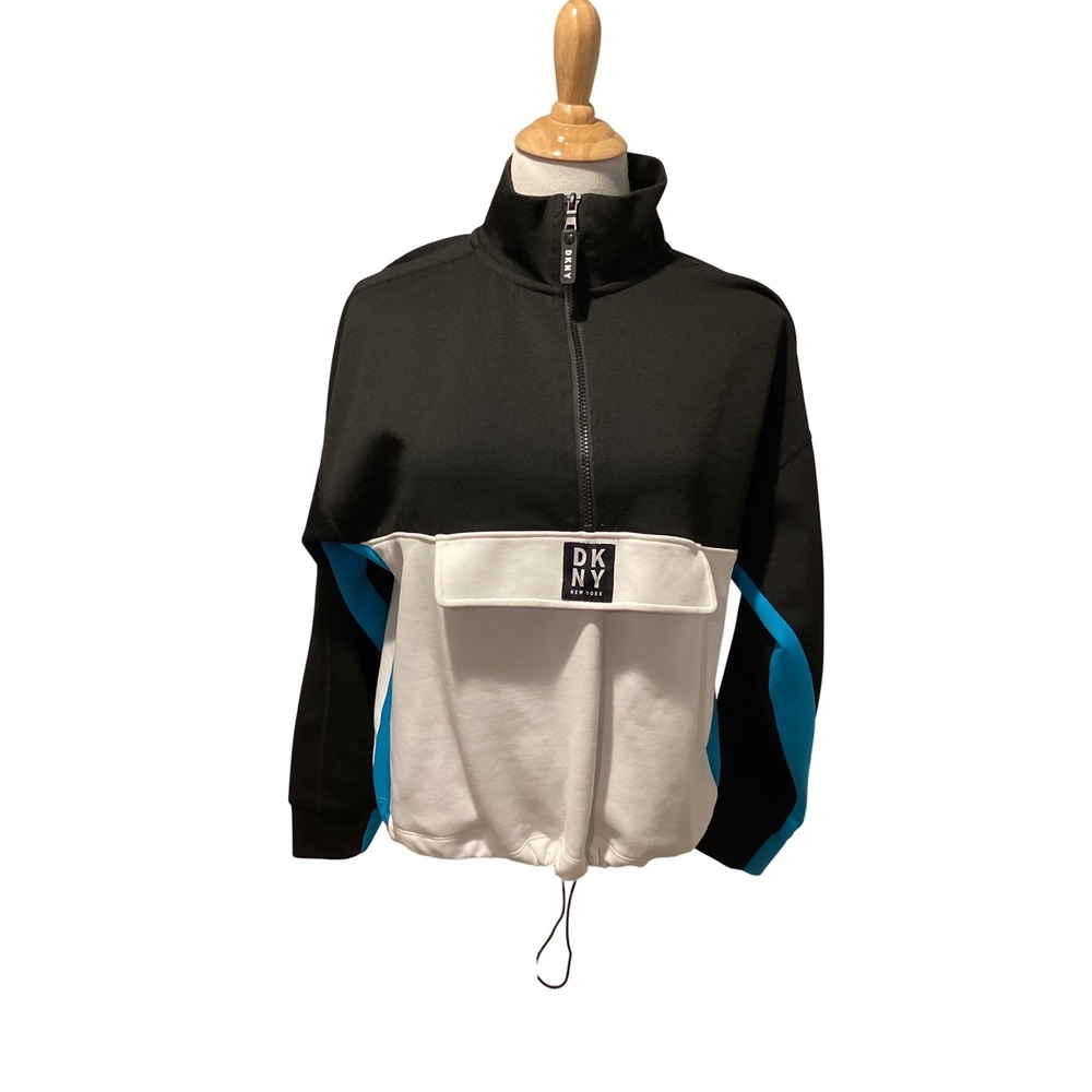 DKNY Sport Womens M Quarter Zip Pullover Colorblock Black White Blue Sweatshirt
